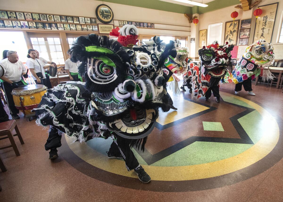 Members of the Lung Kong Ming Yee Tin Lion Dance Club perform during a weekend practice.