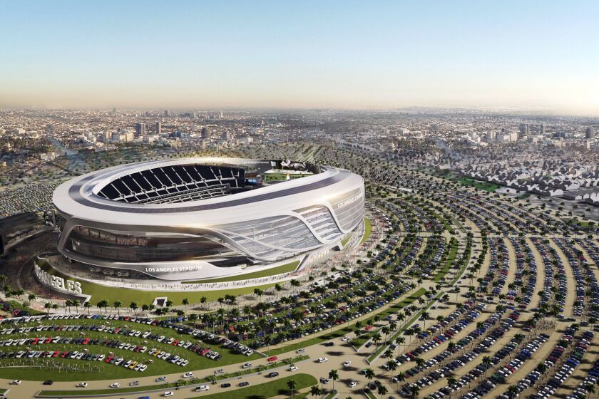An artist's rendering of the proposed new stadium for the Chargers and Raiders in Carson.