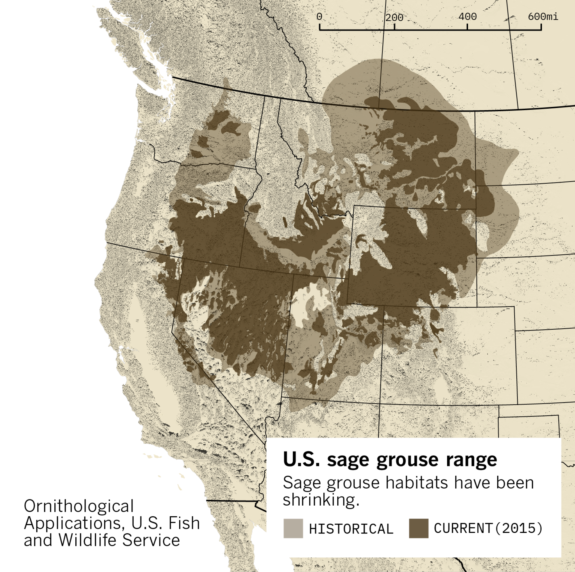 A map of current and historical ranges of greater sage grouse in the U.S.