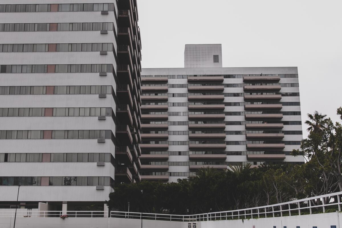 The Barrington Plaza apartment complex in the Los Angeles neighborhood of Sawtelle on May 15, 2023.