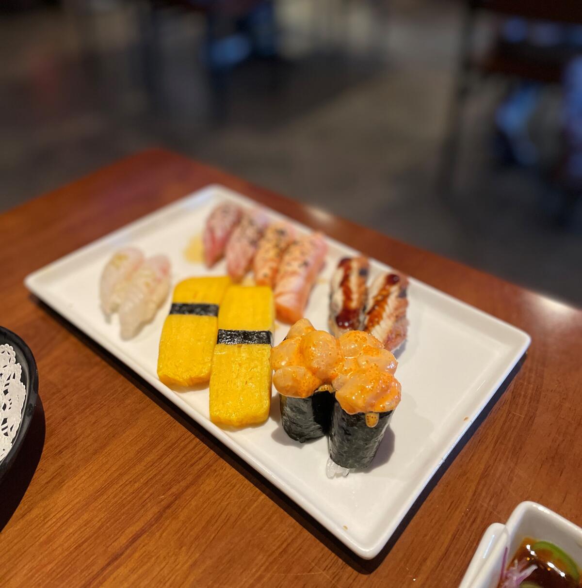 Nigiri from Eat's Sushi in Costa Mesa, a more affordable sushi option, according to restaurant critic Edwin Goei.
