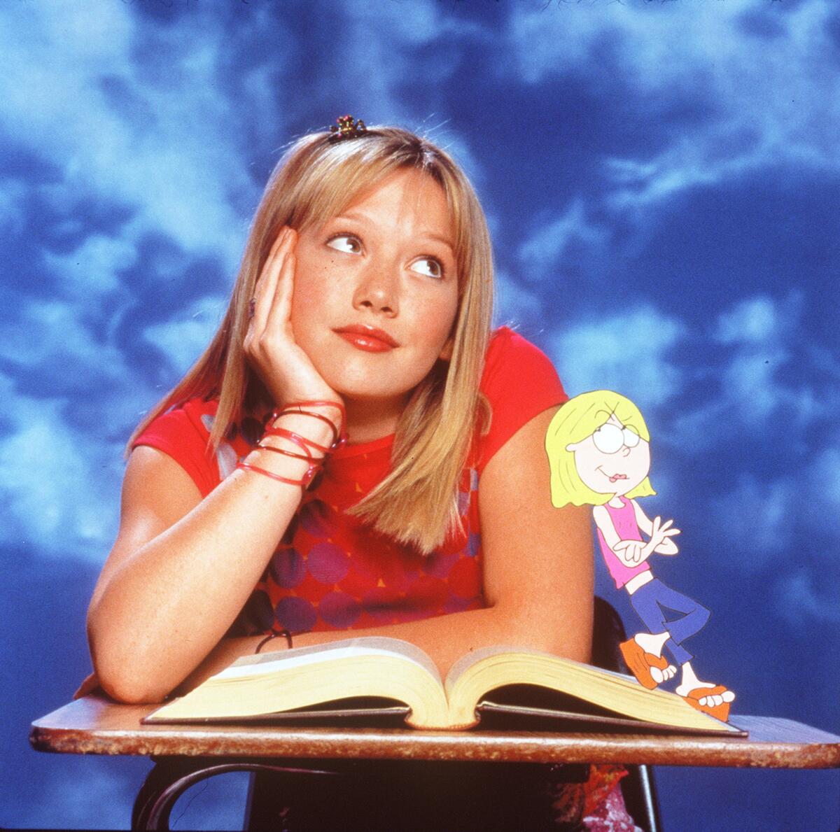 Hilary Duff's Lizzie McGuire thinking alongside her cartoon mini-me