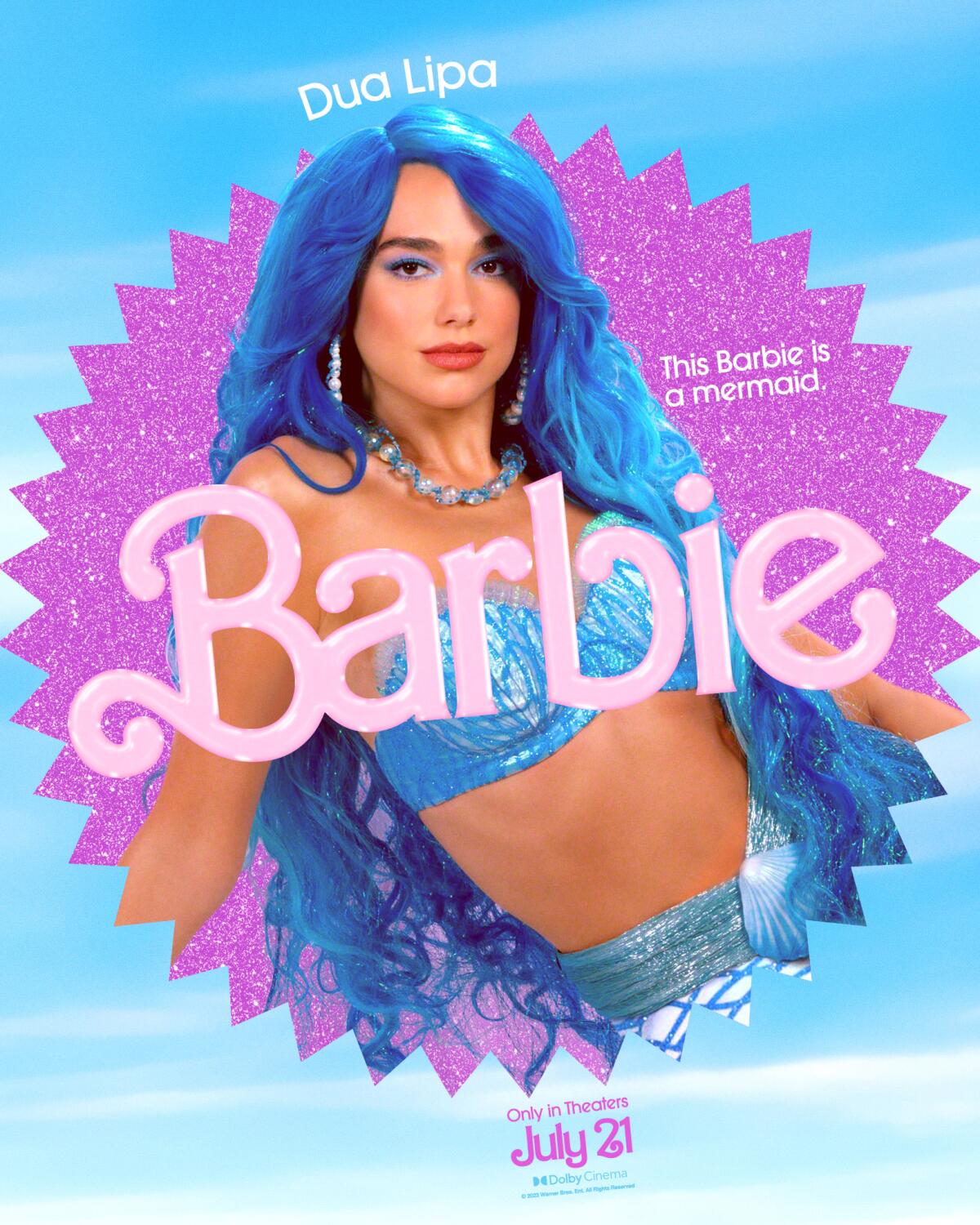Dua Lipa lounges in a "Barbie" movie poster. She wears a long, blue wig and a blue mermaid costume.