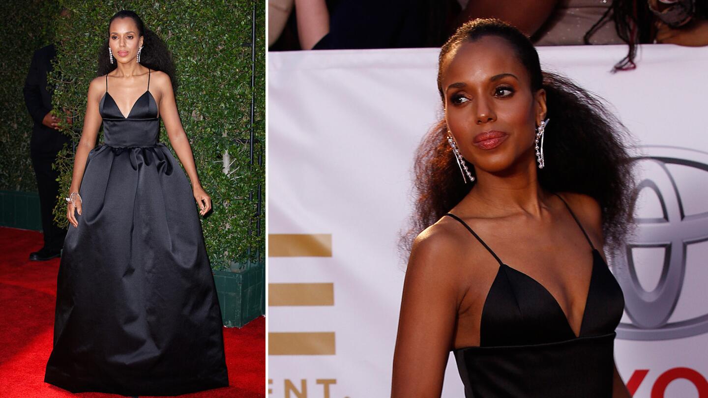 "Scandal" actress Kerry Washington poses on the red carpet for the 49th NAACP Image Awards at the Pasadena Civic Center.