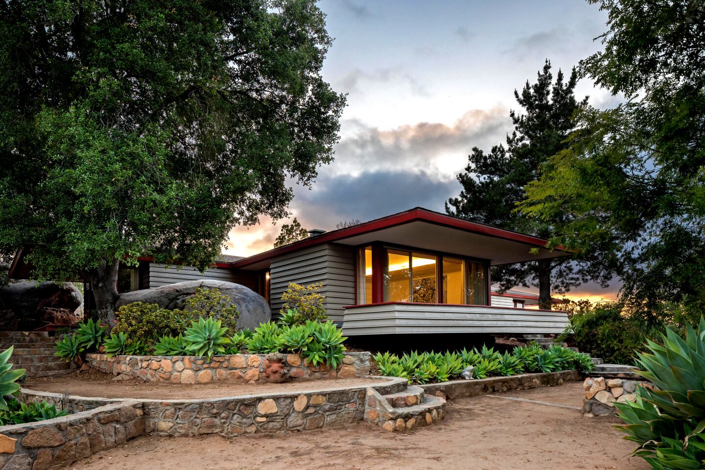The Midcentury Modern estate in Escondido’s bucolic Hidden Meadows area is awash with original details.