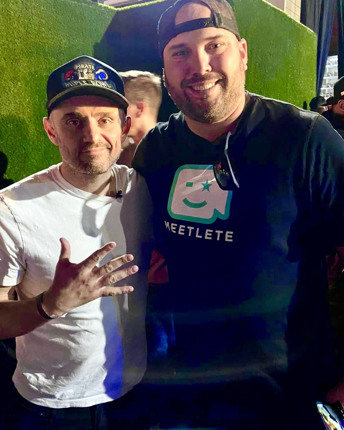 Meetlete co-founder Rob Connolly with entrpreneur Gary Vaynerchuk during a Super Bowl party hosted by Snoop Dogg.