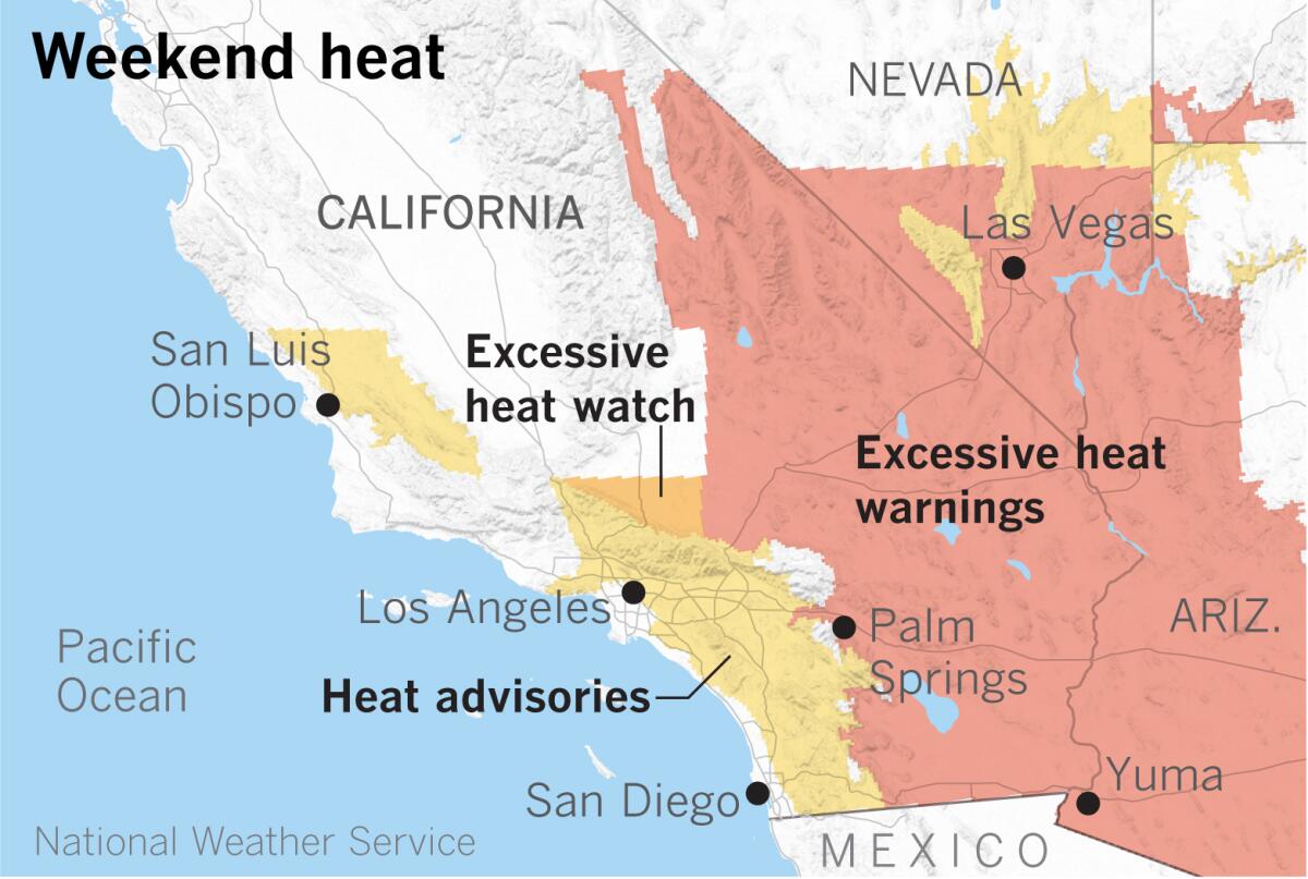 A map shows shows that high pressure centered over the Four Corners will bring heat to the Southland this weekend.