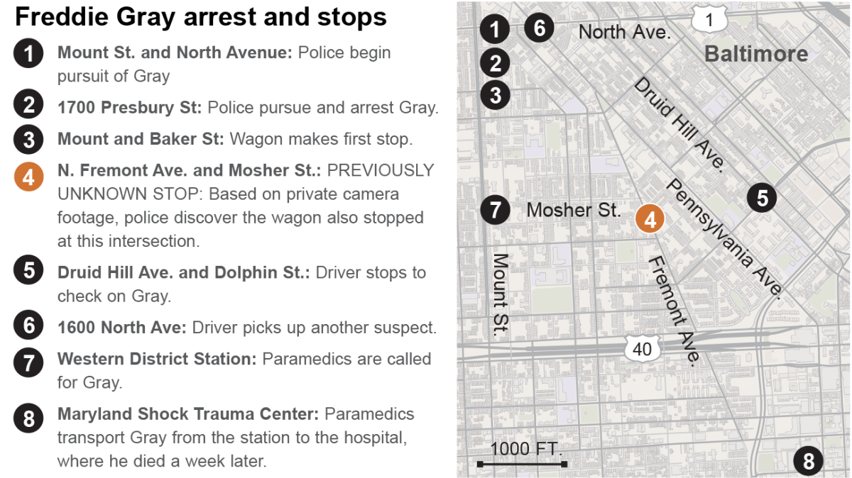 On April 12, police arrested 25-year-old Freddie Gray on a Baltimore street. He was then placed in a police van, which police said made the stops listed above. Police revealed a previously unknown stop on North Fremont and Mosher streets during a news conference Thursday afternoon, when they turned the investigation over to the state's attorney’s office.