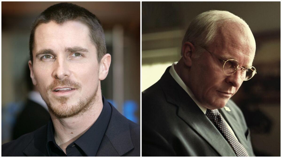 Christian Bale en la alfombra roja, a la izquierda, y como Dick Cheney en “Vice”.