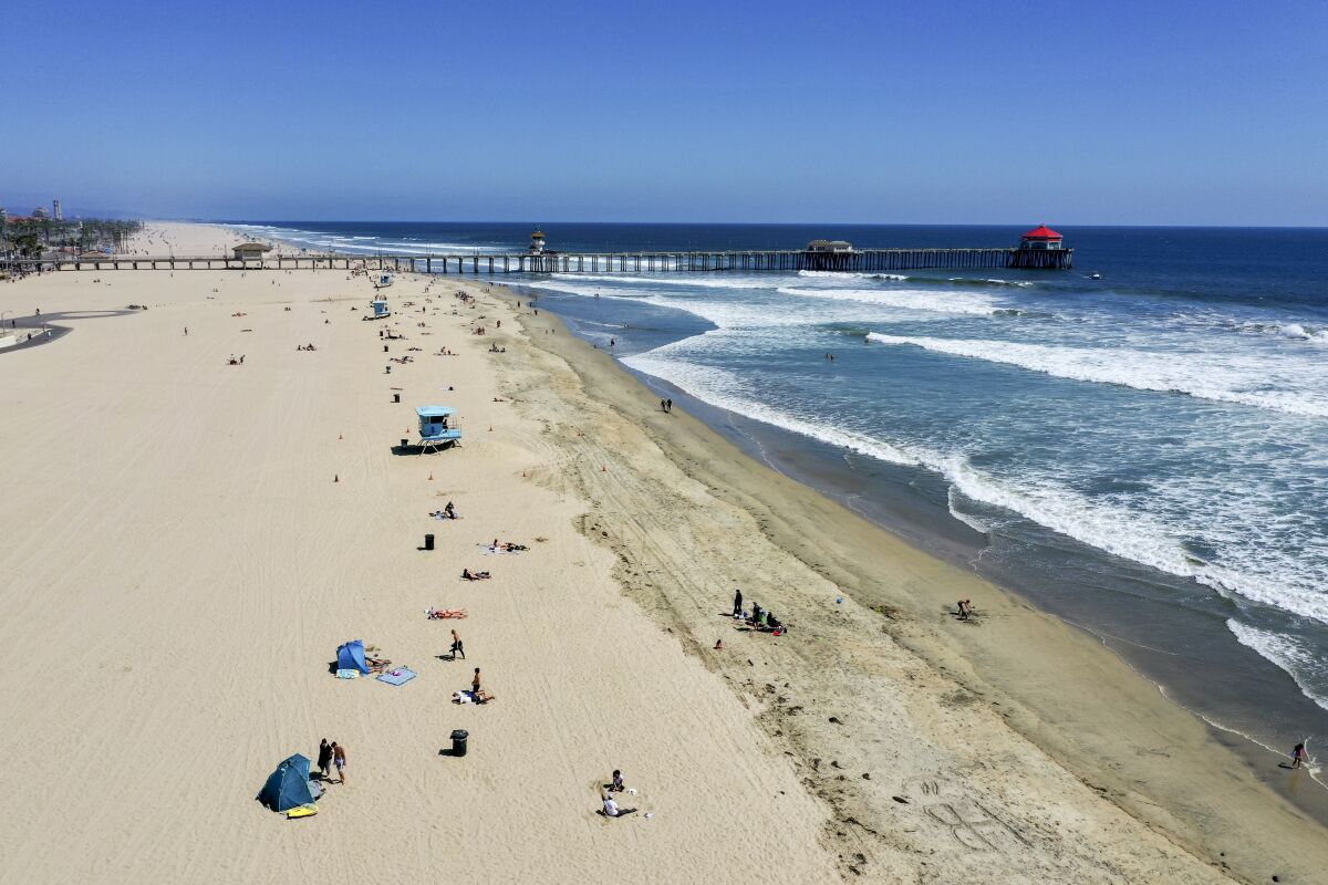An aerial view of the Huntington Beach shoreline near the pier in May.