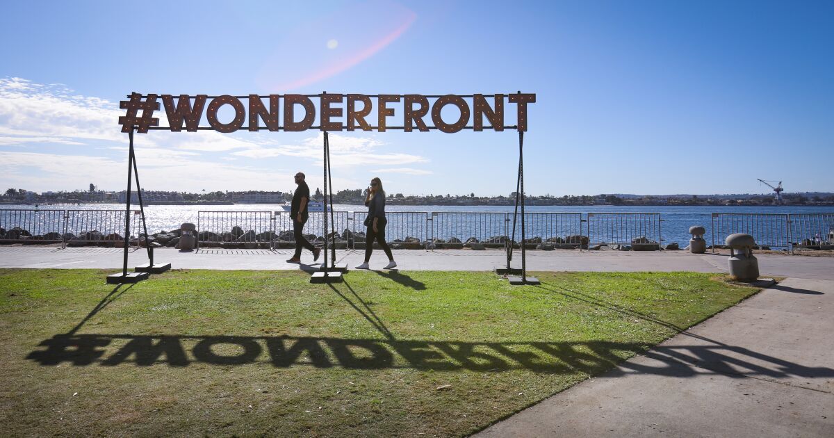 The hashtag for the Wonderfront Music & Arts Festival on display at Embarcadero Marina Park North.