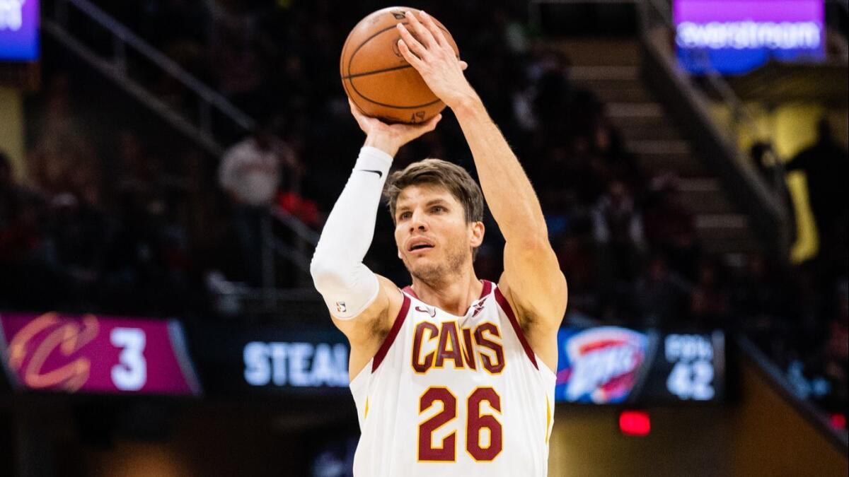 Kyle Korver of the Cleveland Cavaliers shoots a three during the second half against the Oklahoma City Thunder.