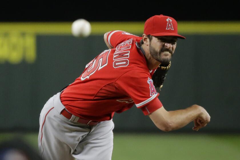 Angels pitcher Nick Tropeano throws in a game against the Mariners last week.