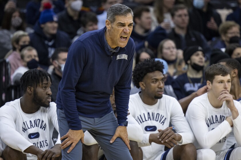 Villanova head coach Jay Wright shouts from during the first half of an NCAA college basketball game against Butler , Sunday, Jan. 16, 2022, in Philadelphia, Pa. (AP Photo/Laurence Kesterson)