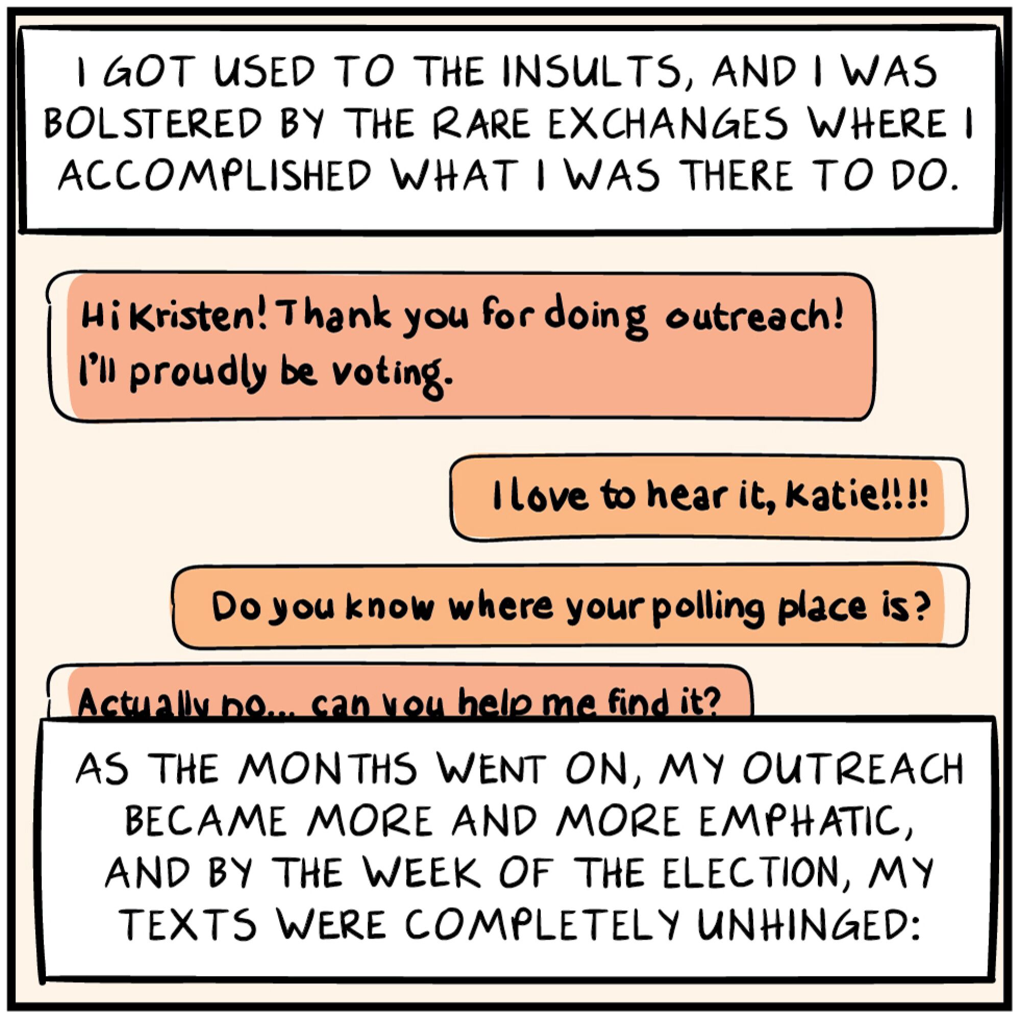 Comic panel describing increasingly emphatic text responses