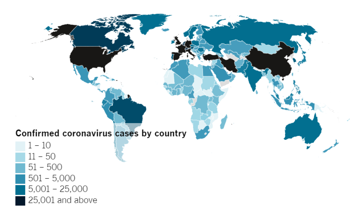 Confirmed COVID-19 cases by country as of 5:30 p.m. PDT Tuesday, April 7. Click to see the map from Johns Hopkins CSSE.