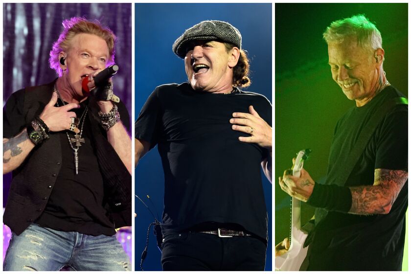 A triptych of Axl Rose, Brian Johnson and James Hetfield.