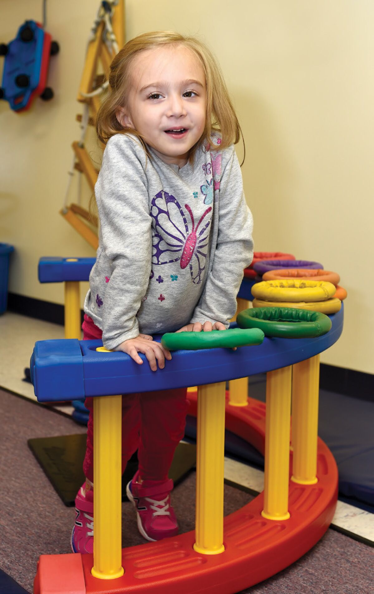 Emma Larson, 3 1/2 years old, is now able to walk on crutches thanks to the drug Spinraza. (Kathy Kmonicek, 2016/CSHL)