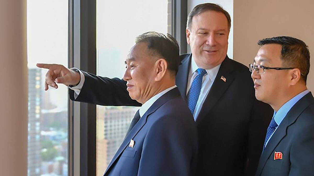 North Korean senior official Kim Yong Chol, left, and Secretary of State Mike Pompeo meet in New York.