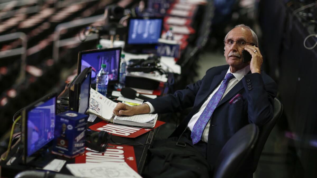 Clippers broadcaster Ralph Lawler prepares for his final regular season game at his perch in section 111 at Staples Center in April.