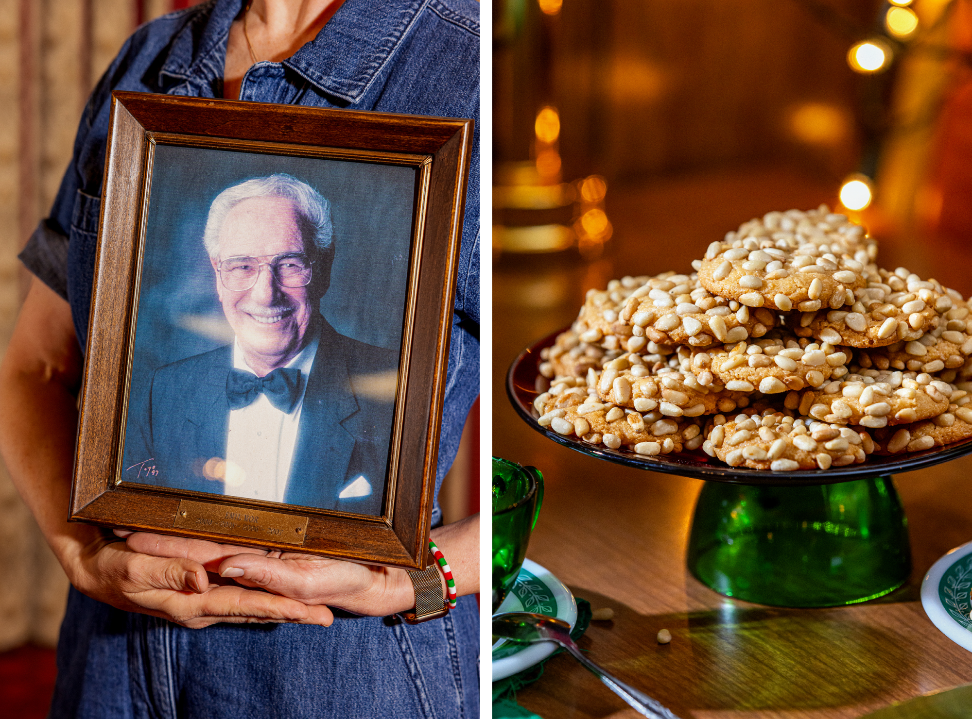 A person holds a framed photo of a man in a tuxedo; a raised plate full of pignoli-covered cookies