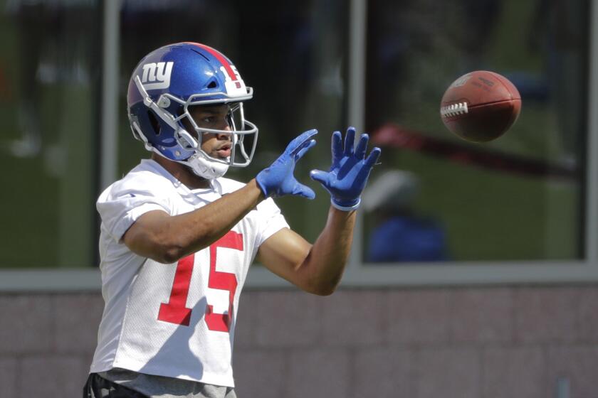 FILE - In a Tuesday, June 4, 2019 file photo, New York Giants' Golden Tate runs a drill during an NFL football minicamp at the team's training facility, in East Rutherford, N.J. Tate has been suspended for four games for using a drug prescribed for fertility planning. The 10-year veteran, who signed with the Giants in March as a free agent, announced the suspension in a Twitter post Saturday, July 27, 2019. (AP Photo/Frank Franklin II, File)