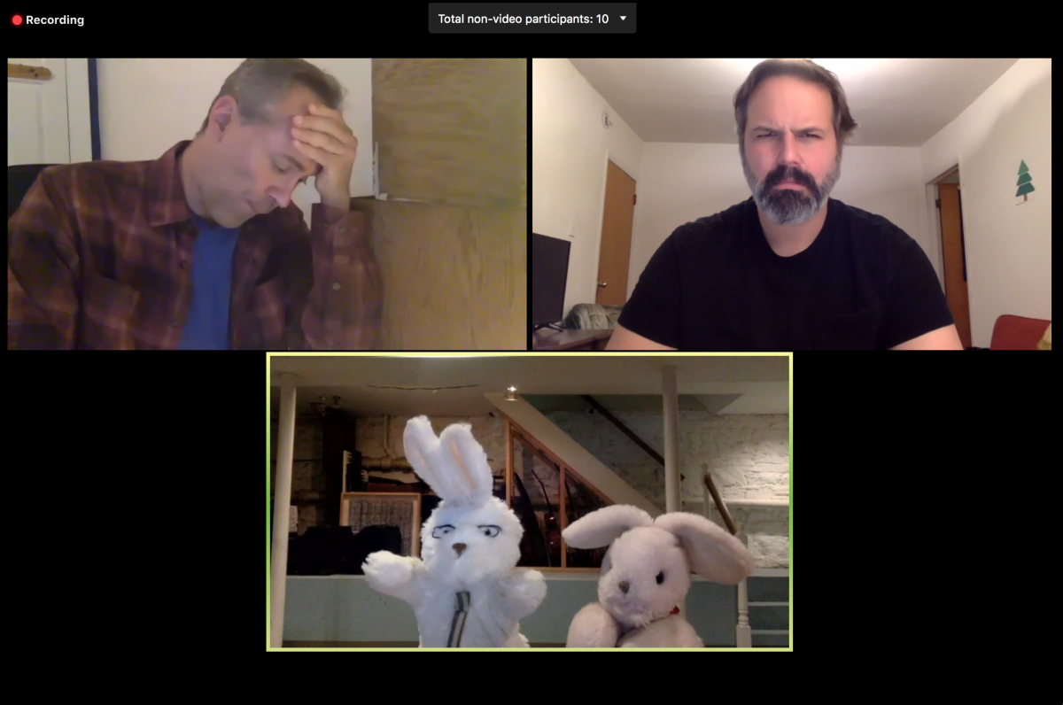 On a Zoom screen in Pig Iron's "Zero Cost House," Dito Van Reigersberg, Alex Torra and puppets by Maiko Matsushima.