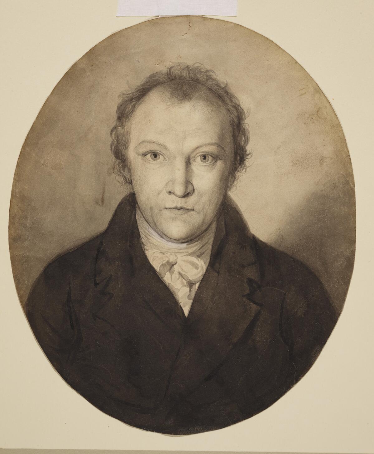 A self-portrait of William Blake with a fixed stare.