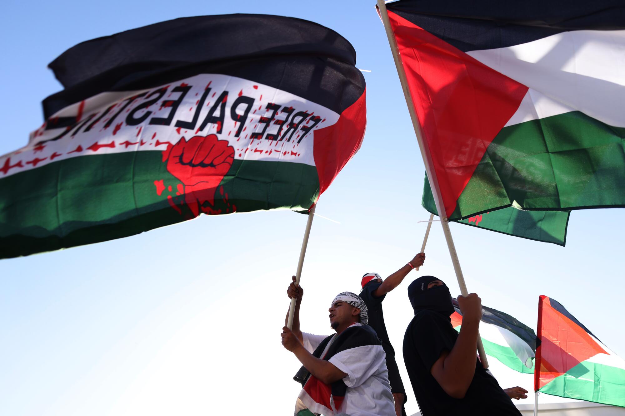 Pro-Palestinian protesters gather and wave flags near the Israeli Consulate in West L.A.