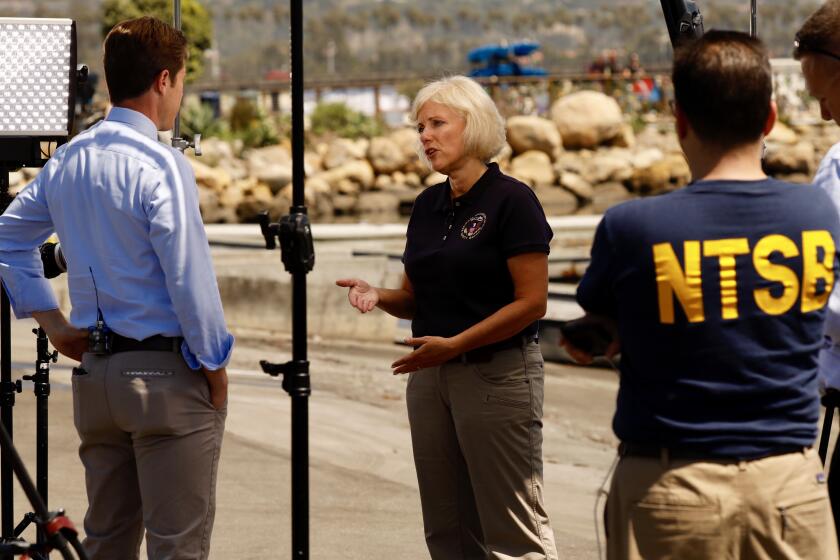 SANTA BARBARA CA SEPTEMBER 5, 2019 -- Jennifer Homendy, a National Transportation Safety Board member, does an interview with CBS news Thursday afternoon September 5, 2019, at the Santa Barbara Harbor about recent findings in regards to the dive boat tragedy which killed 34 people. (Al Seib / Los Angeles Times)
