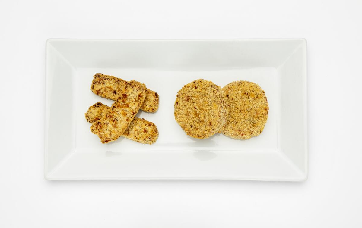 From left, Good Catch breaded fish sticks and Good Catch breaded crab cakes.
