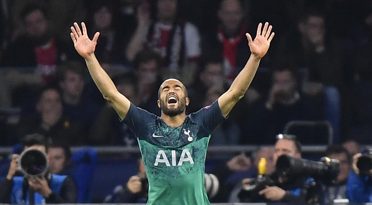 Tottenham's Lucas Moura celebrates after scoring his side's second goal during the Champions League semifinal second leg soccer match between Ajax and Tottenham Hotspur at the Johan Cruyff ArenA in Amsterdam, Netherlands, Wednesday, May 8, 2019.