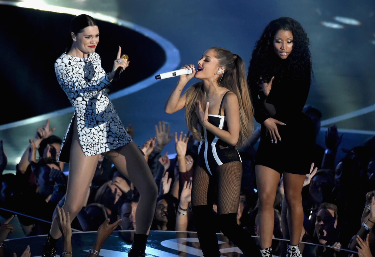 A year after Jessie J, Ariana Grande and Nicki Minaj performed "Bang Bang" during the 2014 MTV Video Music Awards, their song is nominated for best collaboration at the 2015 VMAs. Minaj will also open the awards show Sunday night with a solo performance.
