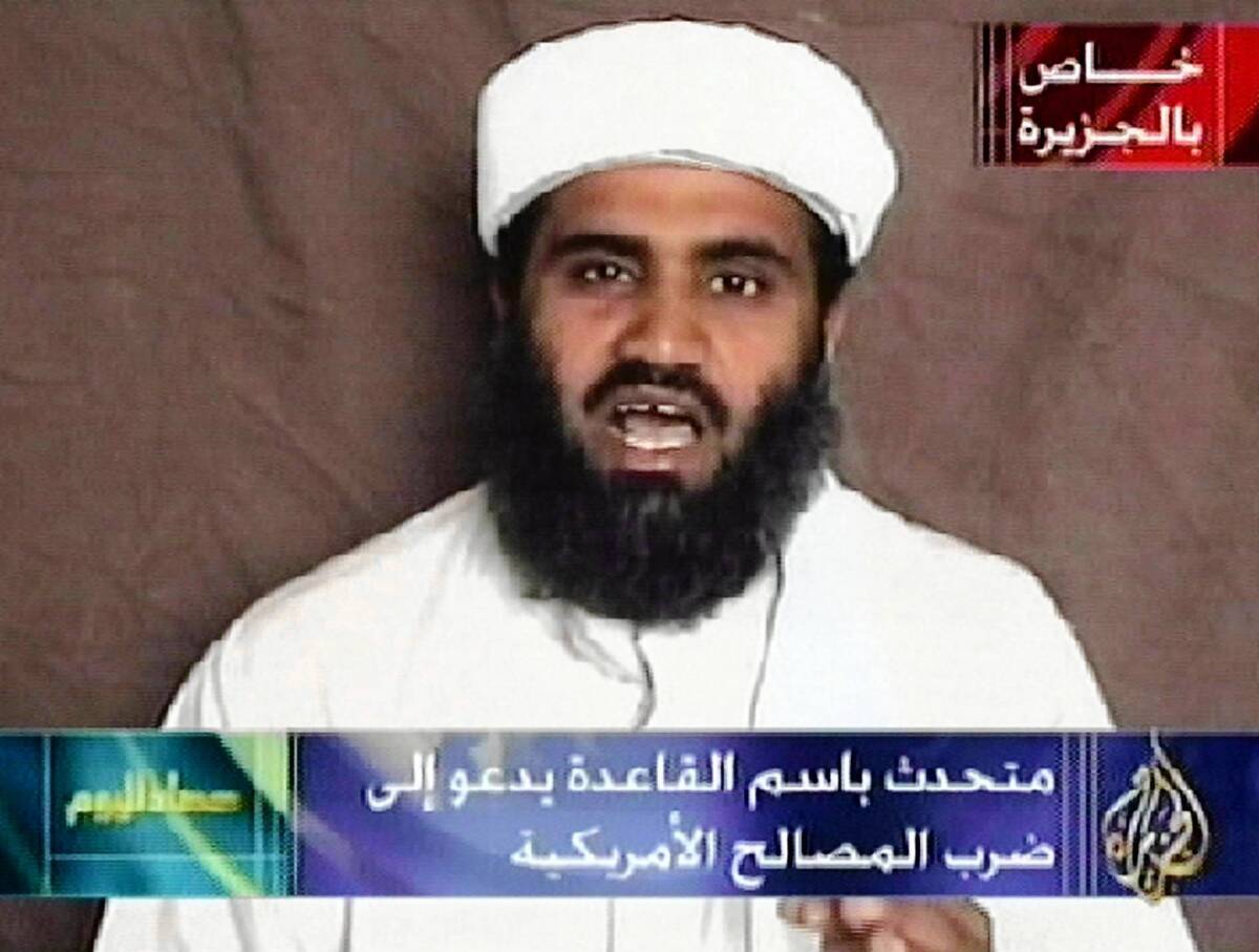 An image from the Al Jazeera TV network shows Sulaiman abu Ghaith in a broadcast in October 2001. U.S. officials have arrested him and flown him to New York to face several terrorism-related charges.