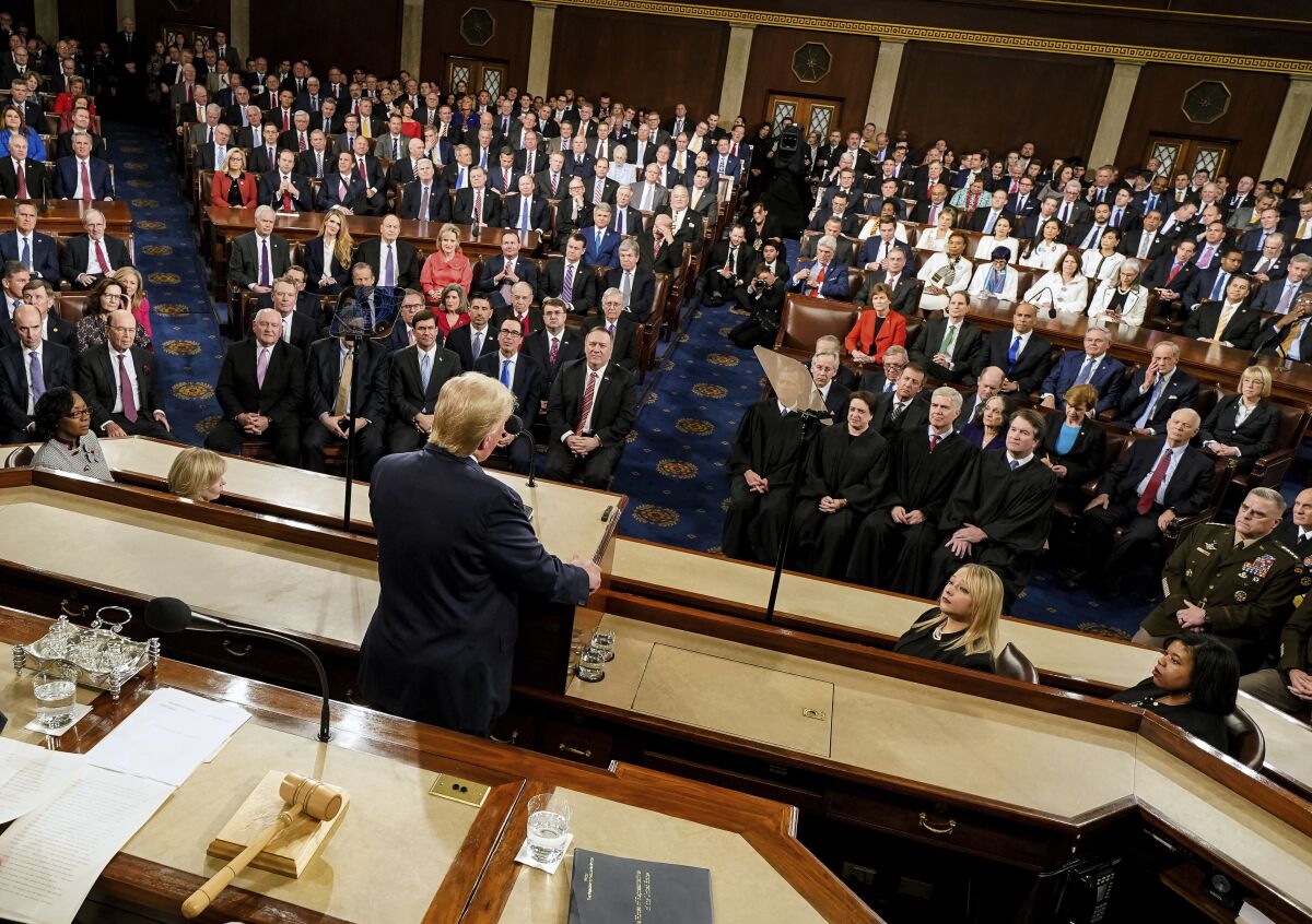 President Donald Trump delivers his State of the Union address to a joint session of Congress on Capitol Hill in Washington, Tuesday, Feb. 4, 2020. (Doug Mills/The New York Times via AP, Pool)