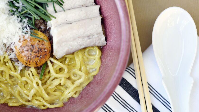 The Carbonara ramen, a Japanese-Italian mash-up, is a signature item at Blackship in West Hollywood.