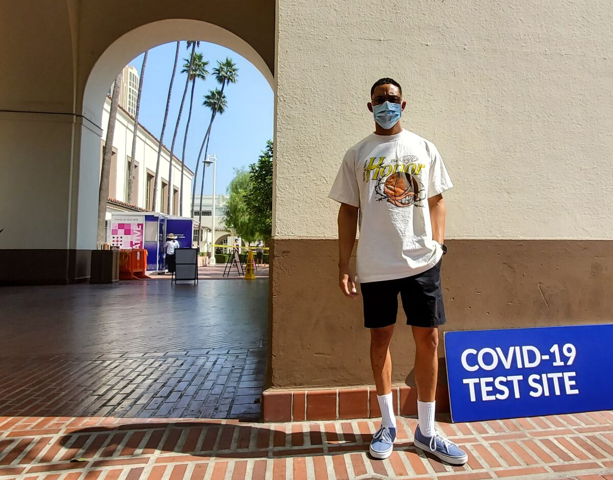 Aaron Sanders at the COVID-19 test site at Union Station in Los Angeles.