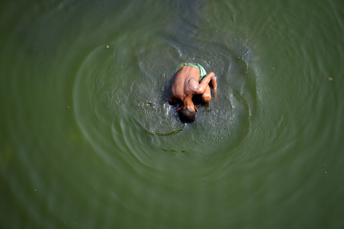 A boy searches for coins thrown by Hindu devotees in river Yamuna where water levels have reduced drastically following hot weather in New Delhi, India, Monday, May 2, 2022. The Indian capital, like many other parts of South Asia, is in the midst of a record-shattering heatwave. (AP Photo/Manish Swarup)