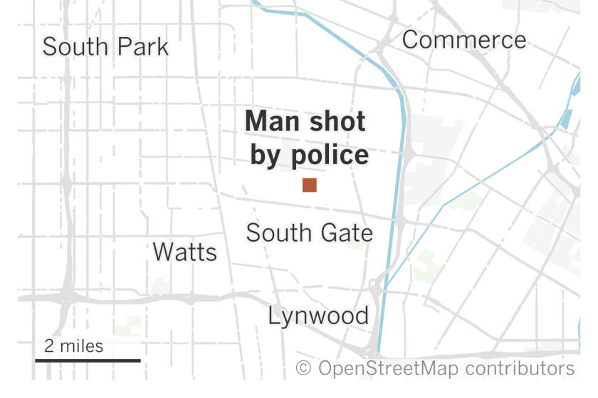 A map of the southeastern L.A. area shows where a man was shot by police in South Gate