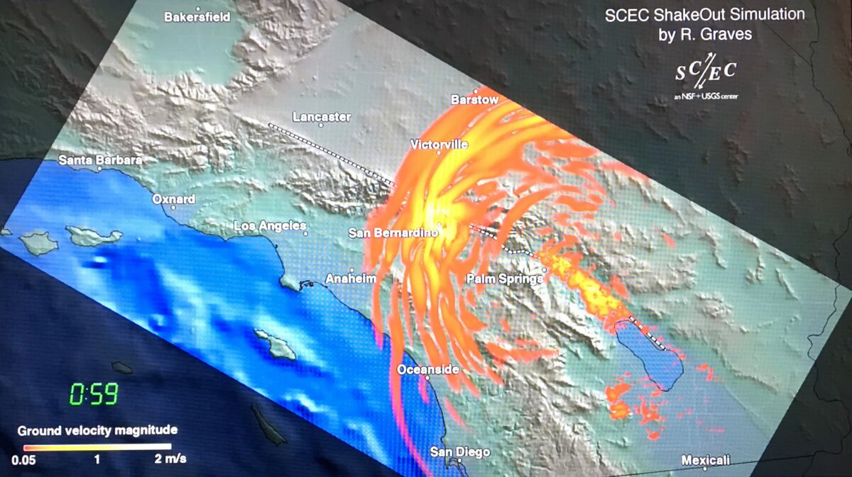 An earthquake simulation shows ground shaking motion as a hypothetical magnitude 7.8 earthquake runs up the San Andreas fault from the Salton Sea to the San Gabriel Mountains in Los Angeles County.