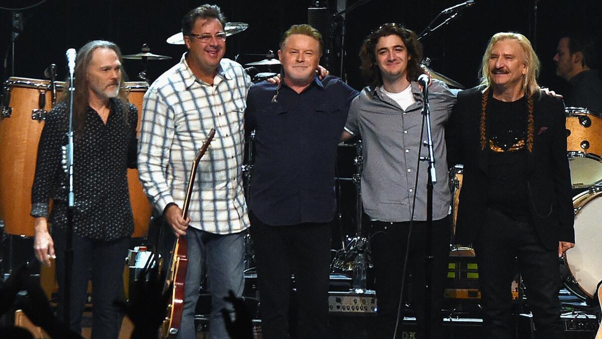 Timothy Schmit, Vince Gill, Don Henley, Deacon Frey and Joe Walsh at an Eagles concert in 2017 in Nashville, Tenn. They will perform "Hotel California" in its entirety in Las Vegas in September.