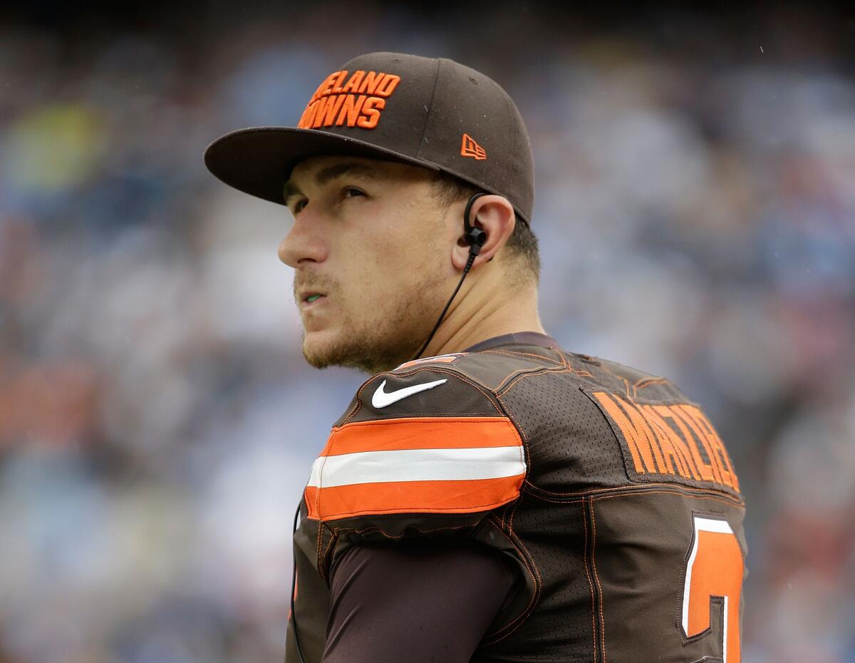 Johnny Manziel looks on from the sideline during a Cleveland Browns game against the San Diego Chargers in October 2015.