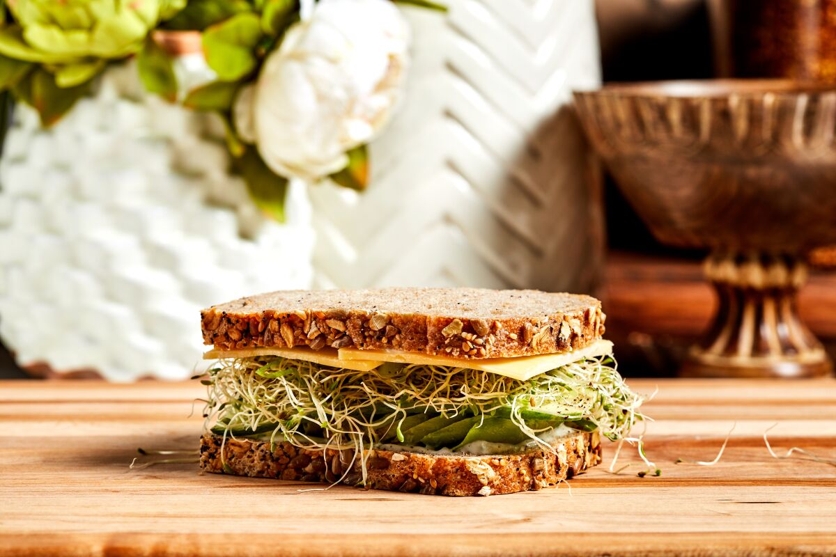 A vegetarian sandwich includes cabbage, cucumber, avocado and cheddar cheese on whole grain bread 