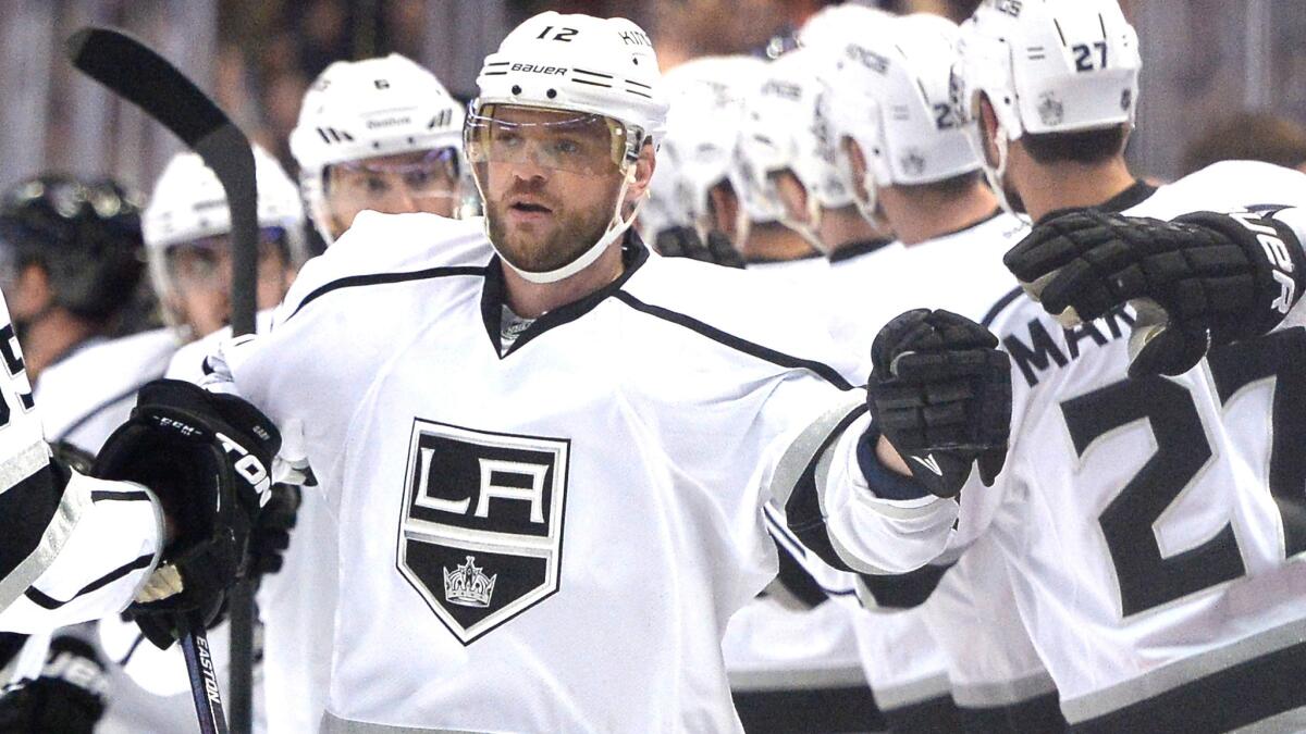 Kings forward Marian Gaborik celebrates with his teammates after scoring a goal during Game 2 of the Western Conference semifinals against the Ducks. Gaborik's addition to the roster has given the Kings a big boost in the goal-scoring department.