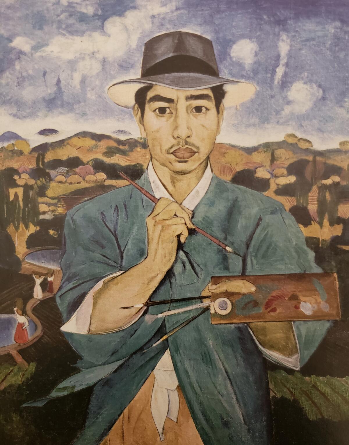 Portrait of a man in a fedora holding an artist's palette. In the background are hills and blue sky.