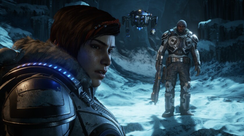 Characters Kait Diaz and Del Walker in “Gears 5.”