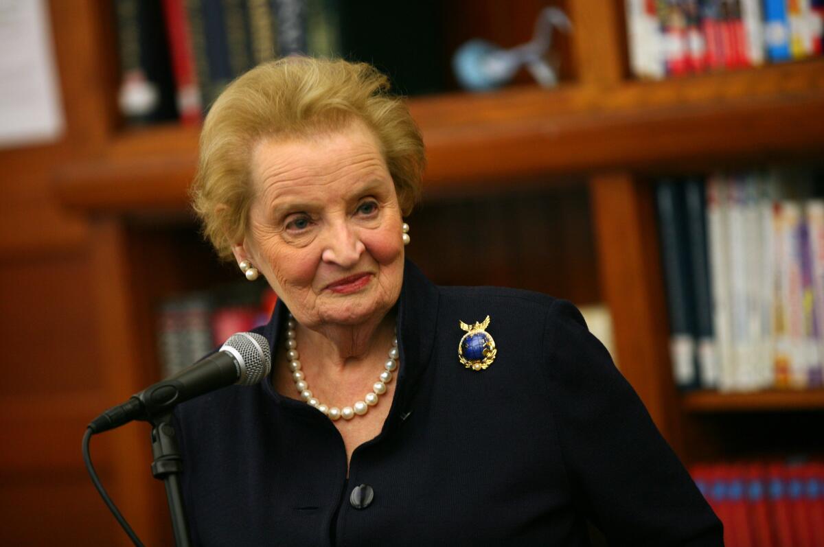 Former Secretary of State Madeleine Albright meets with students in Chicago on April 10, 2012.