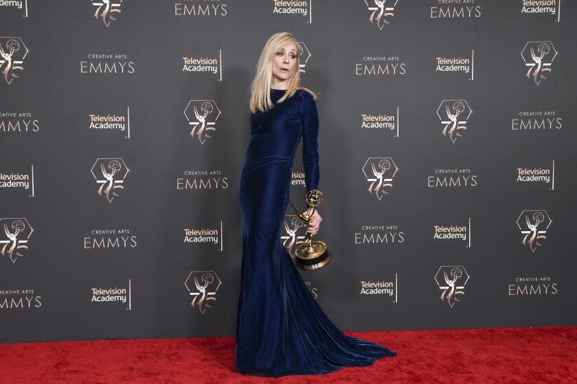 Judith Light poses with the award for outstanding guest actress in a comedy series for "Poker Face - Time Of The Monkey" in the press room during night one of the Creative Arts Emmy Awards on Saturday, Jan. 6, 2024, at the Peacock Theater in Los Angeles. (Photo by Richard Shotwell/Invision/AP)