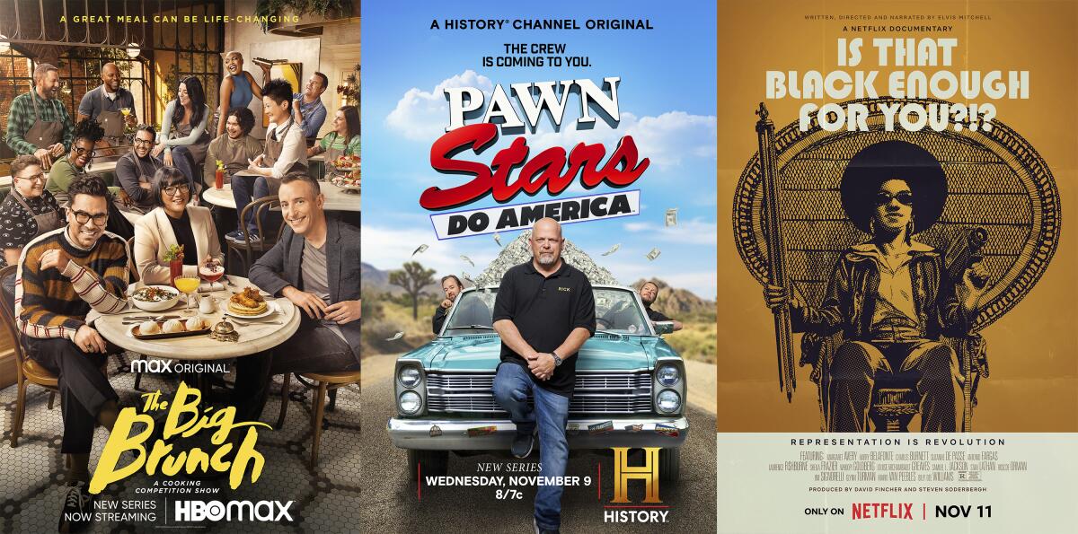 This combination of photos shows promotional art for the cooking competition series "The Big Brunch," left, the series “Pawn Stars Do America," center, and the film "Is That Black Enough for You?" (HBO Max/History/Netflix via AP)