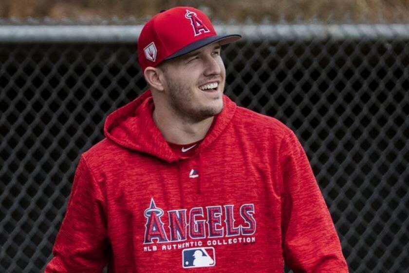 TEMPE, AZ - FEBRUARY 18, 2019: Angels outfielder Mike Trout walks to the batting cage for hitting practice during spring training at Tempe Diablo Stadium on February 18, 2019 in Tempe, Arizona.(Gina Ferazzi/Los AngelesTimes)